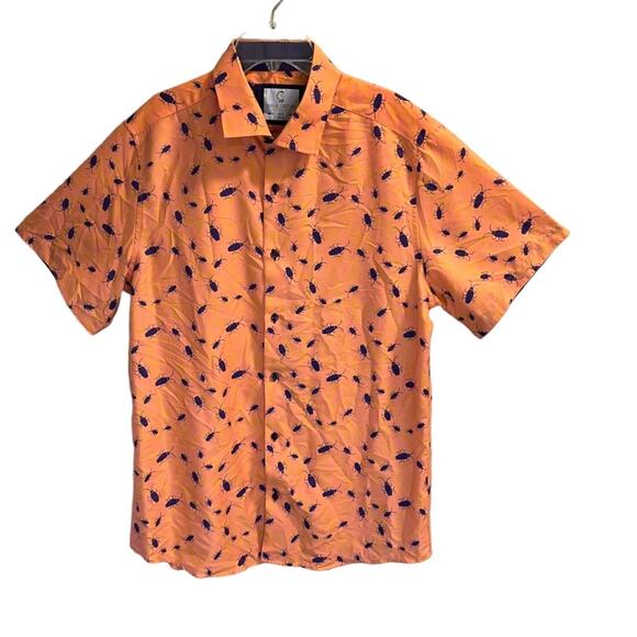SUSLO Couture Size XL Men’s Button Up Shirt Peach Orange Purple Bugs Slim Fit - Picture 10 of 11